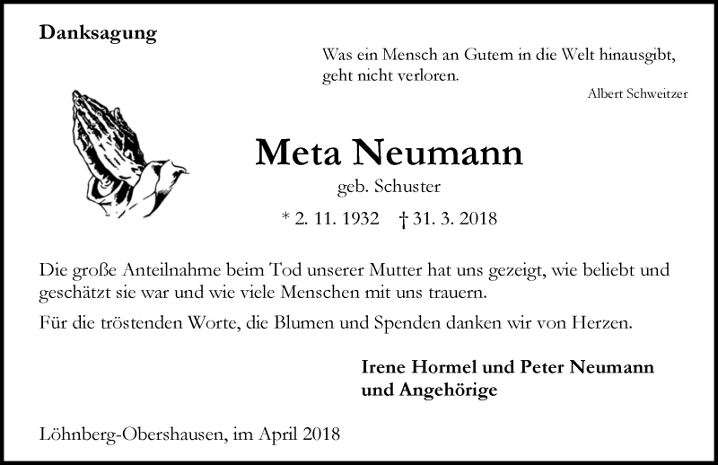  Traueranzeige für Meta Neumann vom 28.04.2018 aus Weilburger Tageblatt