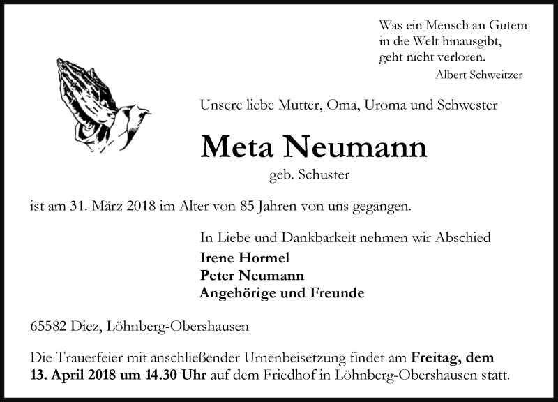  Traueranzeige für Meta Neumann vom 07.04.2018 aus Weilburger Tageblatt