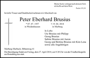 Traueranzeige von Peter Eberhard Brusius von Hinterländer Anzeiger