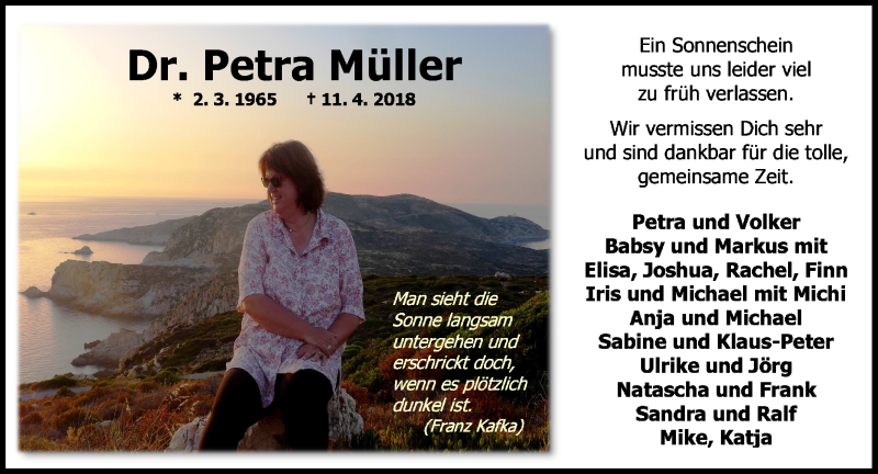  Traueranzeige für Petra Müller vom 18.04.2018 aus Dill-Block