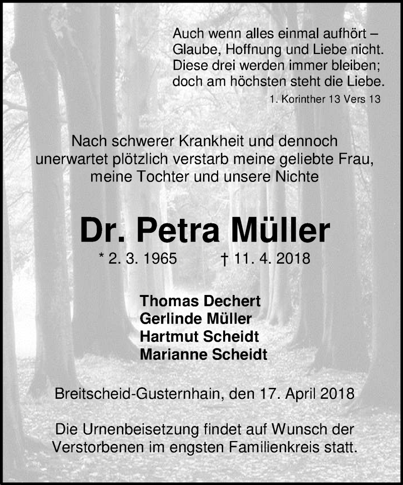  Traueranzeige für Petra Müller vom 17.04.2018 aus Dill-Block