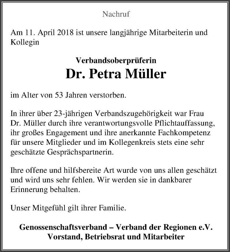  Traueranzeige für Petra Müller vom 21.04.2018 aus Dill-Block