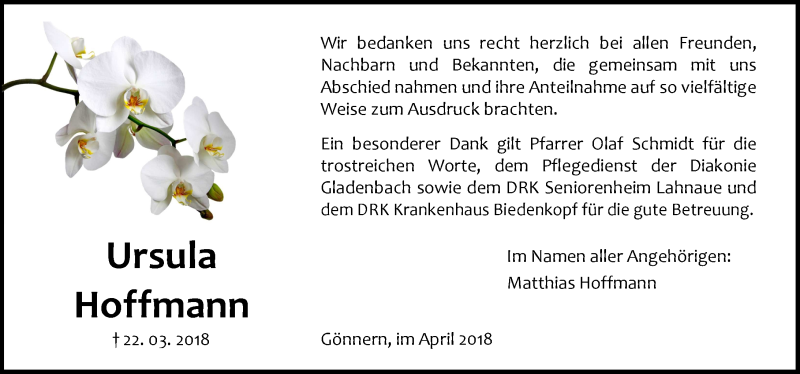  Traueranzeige für Ursula Hoffmann vom 28.04.2018 aus Hinterländer Anzeiger
