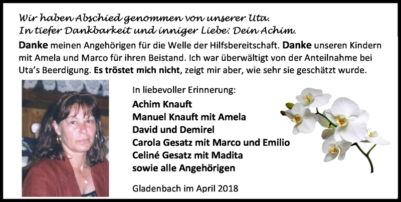  Traueranzeige für Uta Knauft vom 18.04.2018 aus Hinterländer Anzeiger