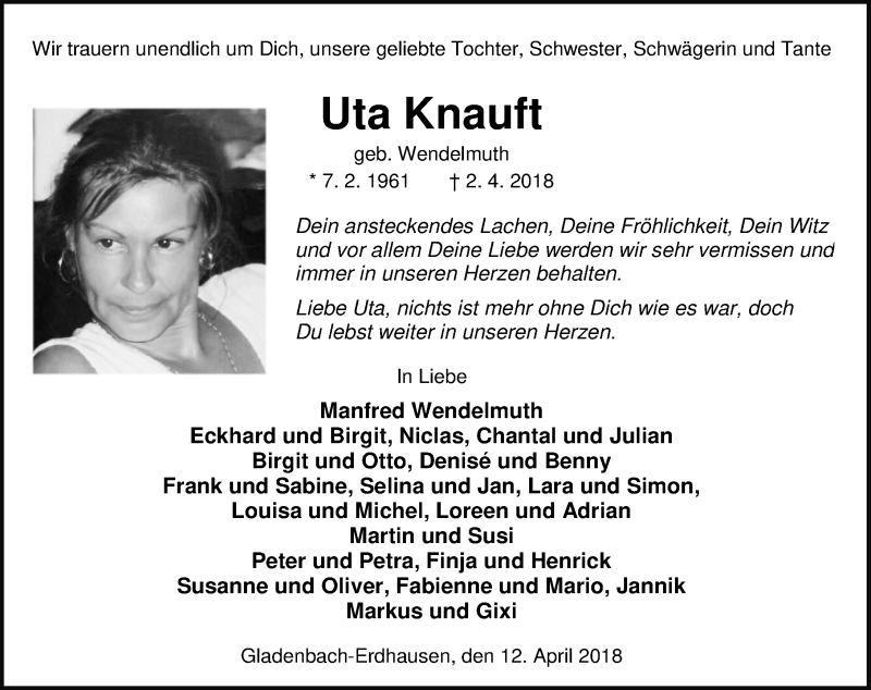  Traueranzeige für Uta Knauft vom 12.04.2018 aus Hinterländer Anzeiger