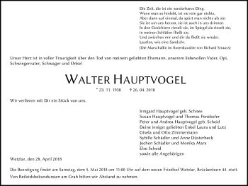 Traueranzeige von Walter Hauptvogel von Wetzlarer Neue Zeitung