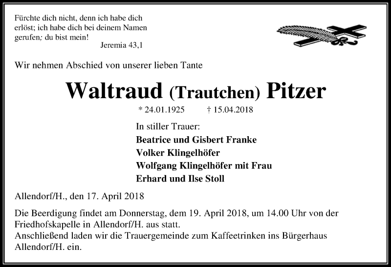  Traueranzeige für Waltraud Pitzer vom 17.04.2018 aus Hinterländer Anzeiger