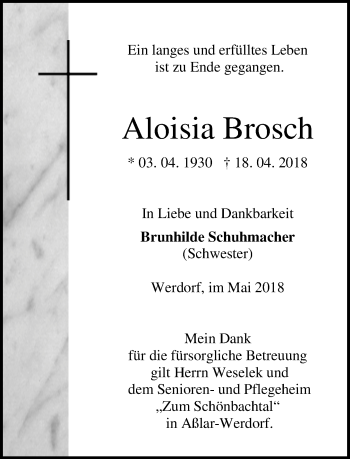Traueranzeige von Aloisia Brosch von Wetzlarer Neue Zeitung