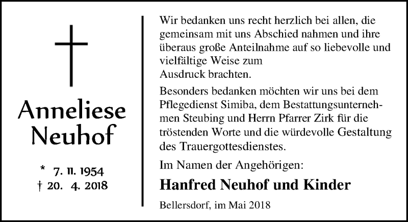  Traueranzeige für Anneliese Neuhof vom 19.05.2018 aus Wetzlarer Neue Zeitung
