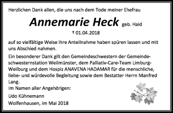 Traueranzeige von Annemarie Heck von Weilburger Tageblatt