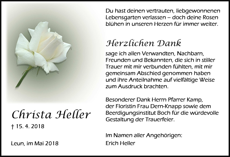  Traueranzeige für Christa Heller vom 19.05.2018 aus Wetzlarer Neue Zeitung