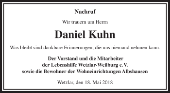 Traueranzeige von Daniel Kuhn von Wetzlarer Neue Zeitung