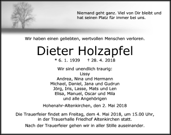 Traueranzeige von Dieter Holzapfel von Dill-Block