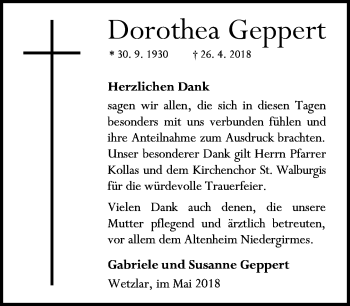 Traueranzeige von Dorothea Geppert von Wetzlarer Neue Zeitung