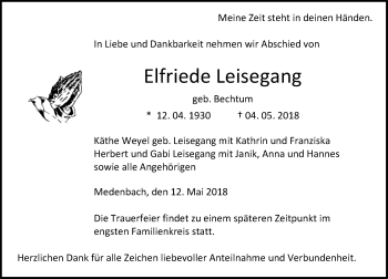 Traueranzeige von Elfriede Leisegang von Dill-Block