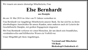 Traueranzeige von Else Bernhardt von Hinterländer Anzeiger