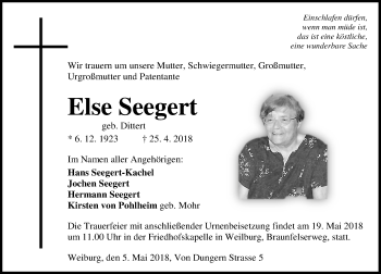 Traueranzeige von Else Seegert von Weilburger Tageblatt