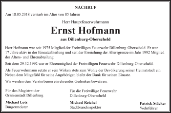 Traueranzeige von Ernst Hofmann von Dill-Block