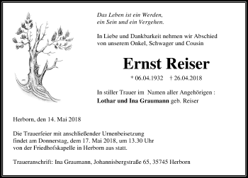 Traueranzeige von Ernst Reiser von Wetzlarer Neue Zeitung