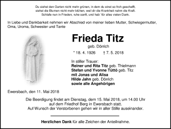 Traueranzeige von Frieda Titz von Dill-Block