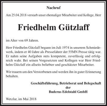 Traueranzeige von Friedhelm Gützlaff von Wetzlarer Neue Zeitung