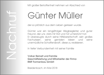 Traueranzeige von Günter Müller von Hinterländer Anzeiger