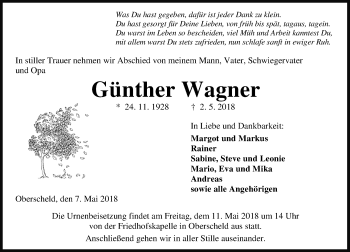 Traueranzeige von Günther Wagner von Dill-Block
