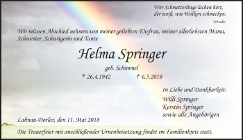 Traueranzeige von Helma Springer von Wetzlarer Neue Zeitung