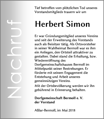 Traueranzeige von Herbert Simon von Wetzlarer Neue Zeitung