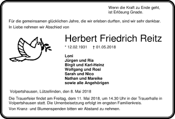 Traueranzeige von Herbert Friedrich Reitz von Wetzlarer Neue Zeitung
