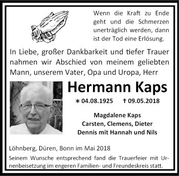 Traueranzeige von Hermann Kaps von Weilburger Tageblatt