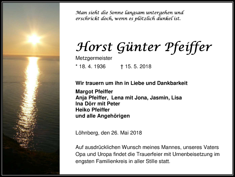  Traueranzeige für Horst Günter Pfeiffer vom 26.05.2018 aus Wetzlarer Neue Zeitung