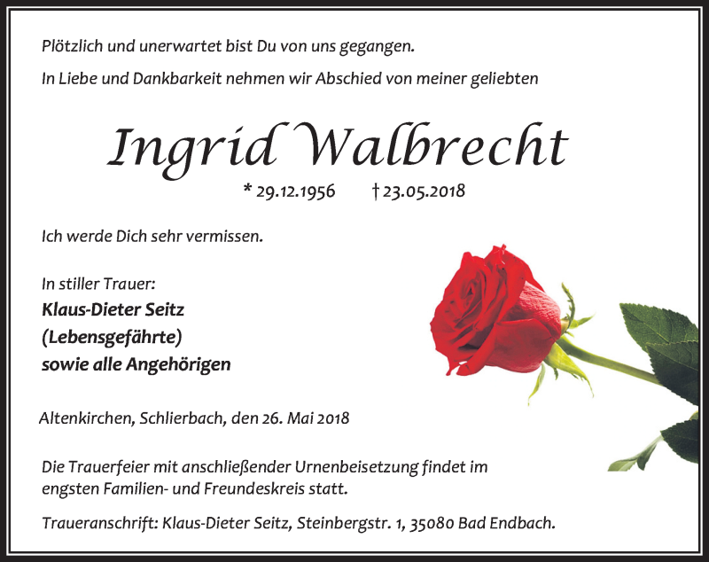  Traueranzeige für Ingrid Walbrecht vom 26.05.2018 aus Hinterländer Anzeiger