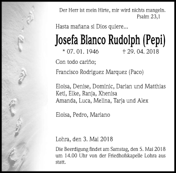 Traueranzeige von Josefa Blanco Rudolph von Hinterländer Anzeiger