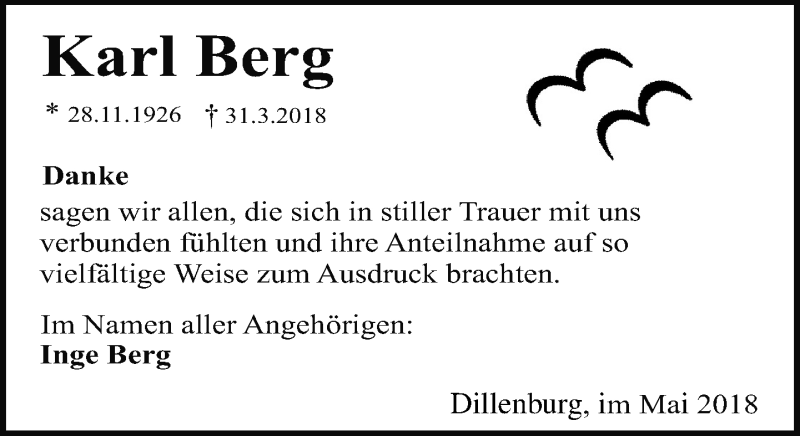  Traueranzeige für Karl Berg vom 05.05.2018 aus Dill-Block