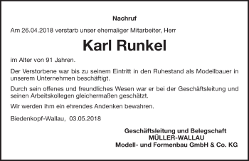 Traueranzeige von Karl Runkel von Hinterländer Anzeiger