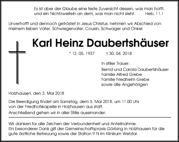 Traueranzeige von Karl Heinz Daubertshäuser von Wetzlarer Neue Zeitung