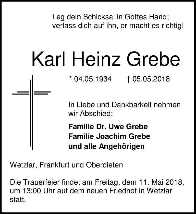  Traueranzeige für Karl Heinz Grebe vom 08.05.2018 aus Wetzlarer Neue Zeitung