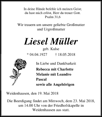 Traueranzeige von Liesel Müller von Hinterländer Anzeiger