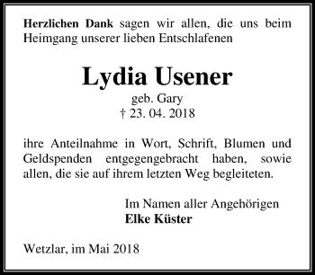 Traueranzeige von Lydia Usener von Wetzlarer Neue Zeitung