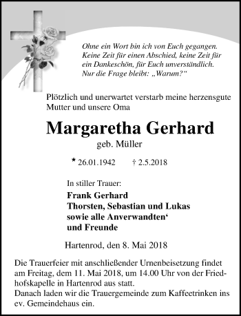 Traueranzeige von Margaretha Gerhard von Hinterländer Anzeiger