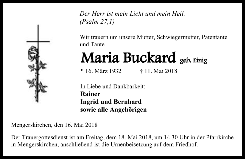  Traueranzeige für Maria Buckard vom 16.05.2018 aus Weilburger Tageblatt