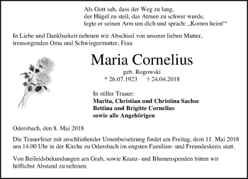 Traueranzeige von Maria Cornelius von Weilburger Tageblatt