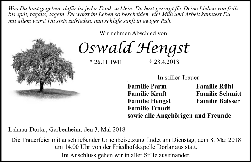  Traueranzeige für Oswald Hengst vom 03.05.2018 aus Wetzlarer Neue Zeitung