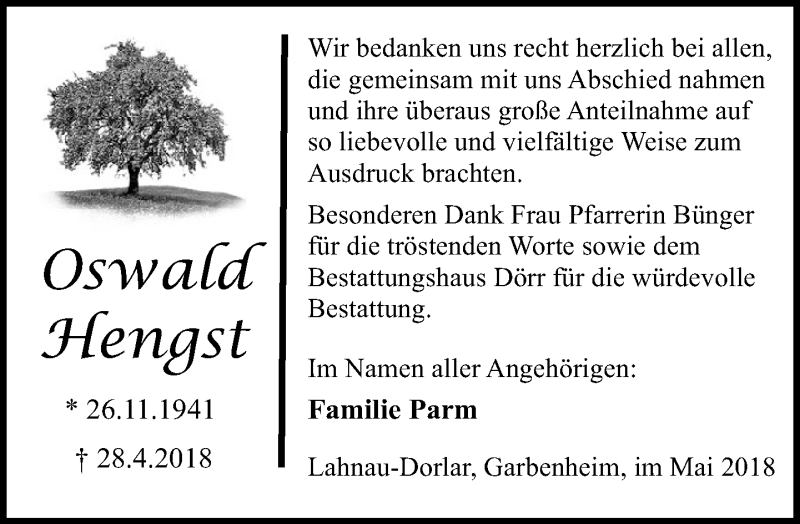  Traueranzeige für Oswald Hengst vom 18.05.2018 aus Wetzlarer Neue Zeitung