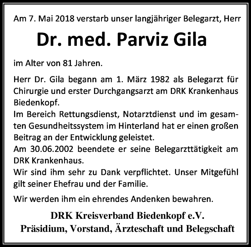  Traueranzeige für Parviz Gila vom 12.05.2018 aus Hinterländer Anzeiger