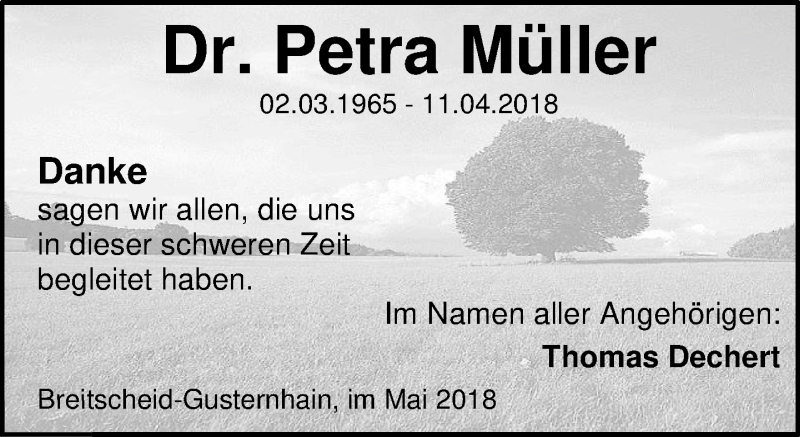  Traueranzeige für Petra Müller vom 15.05.2018 aus Dill-Block