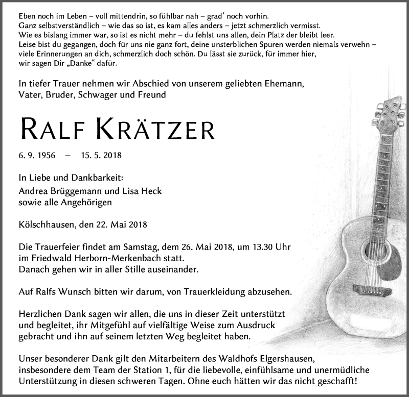  Traueranzeige für Ralf Krätzer vom 22.05.2018 aus Wetzlarer Neue Zeitung