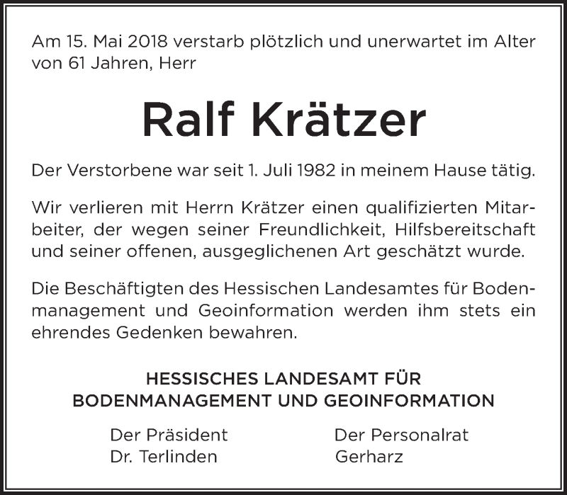  Traueranzeige für Ralf Krätzer vom 25.05.2018 aus Wetzlarer Neue Zeitung