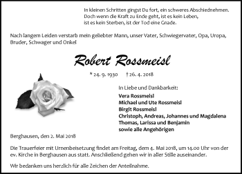 Traueranzeige von Robert Rossmeisl von Wetzlarer Neue Zeitung